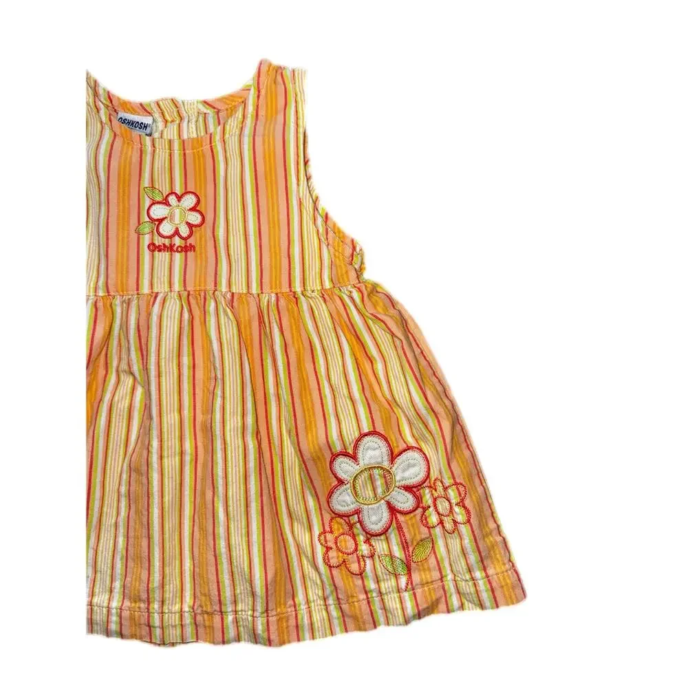 Vintage 12 M OshKosh B'gosh Sleeveless Dress Orange Yellow Striped Floral Y2K